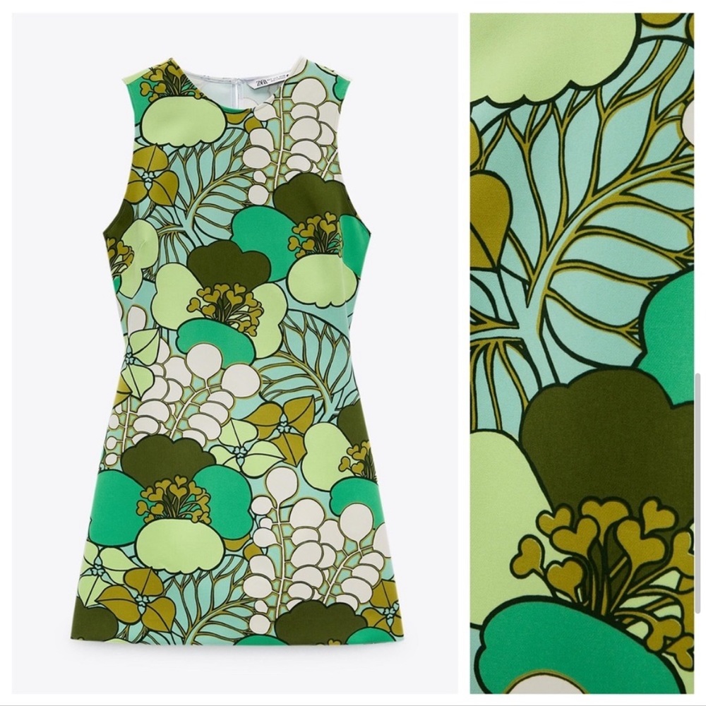 ZARA NWT WOMAN MINI FLORAL PRINTED DRESS GREEN WITH SCRUNCHIE Sz XL